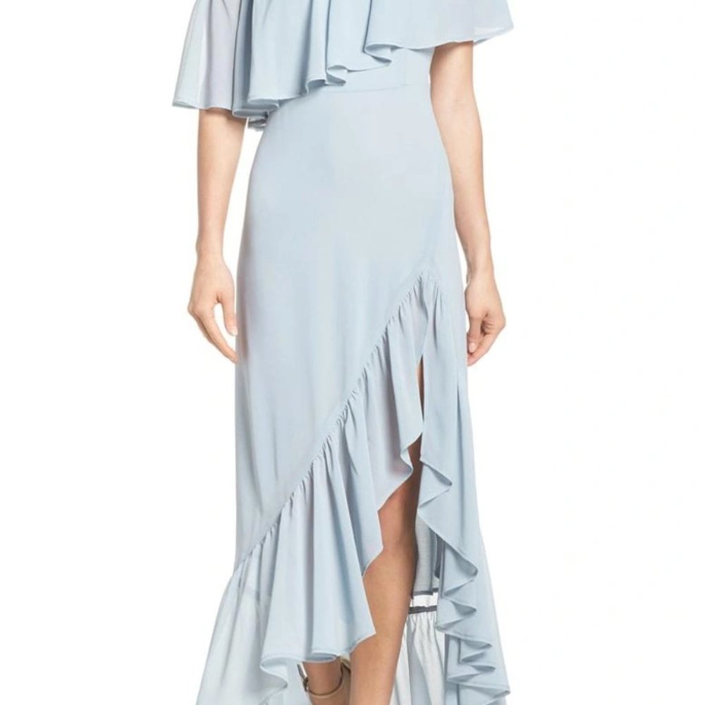 MuMu One Shoulder Tango Ruffle Gown In Steel Blue Chiffon - Picture 10 of 10